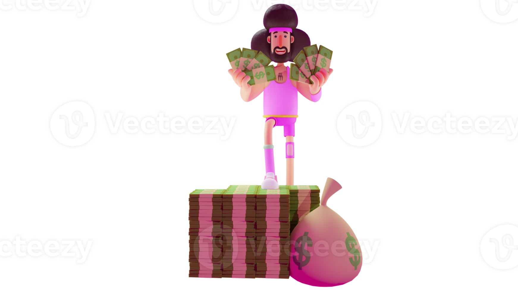 3D illustration. Rich Athlete 3D cartoon character. Successful athlete standing on pile of money. Athlete showing off a lot of money he holds. Athlete showing happy expression. 3D cartoon character png