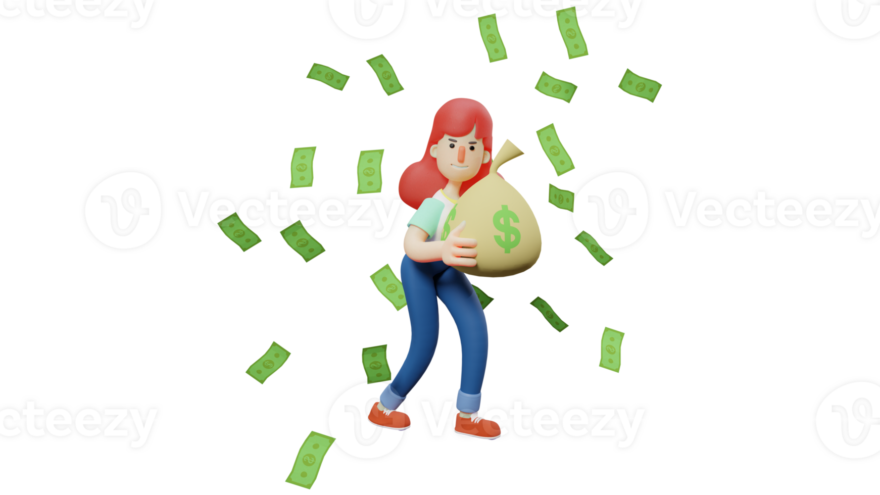 3D illustration. Rich Woman 3D Cartoon Character. Woman carrying sack full of money. Rich woman standing under a lot of money scattering. 3D Cartoon Character png