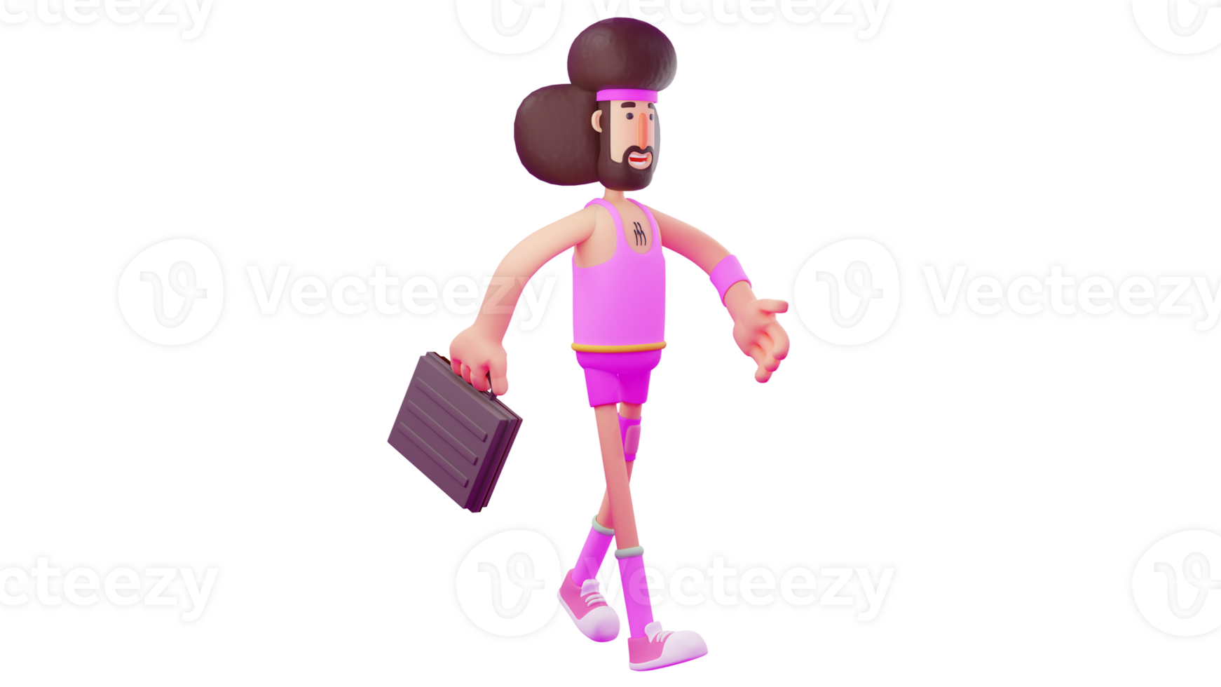3D Illustration. Hard -working men 3D cartoon character. The man walked while carrying a black suitcase. Men will go to where he works. Men wear pink costumes and walk happily. 3D cartoon character png