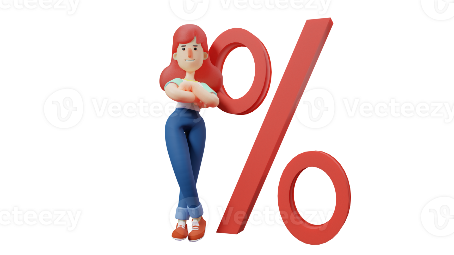 3D illustration. Cool Woman 3D Cartoon Character. Women standing with arms crossed. Charming woman standing next to a big percent symbol. Very beautiful smiling woman. 3D Cartoon Character png