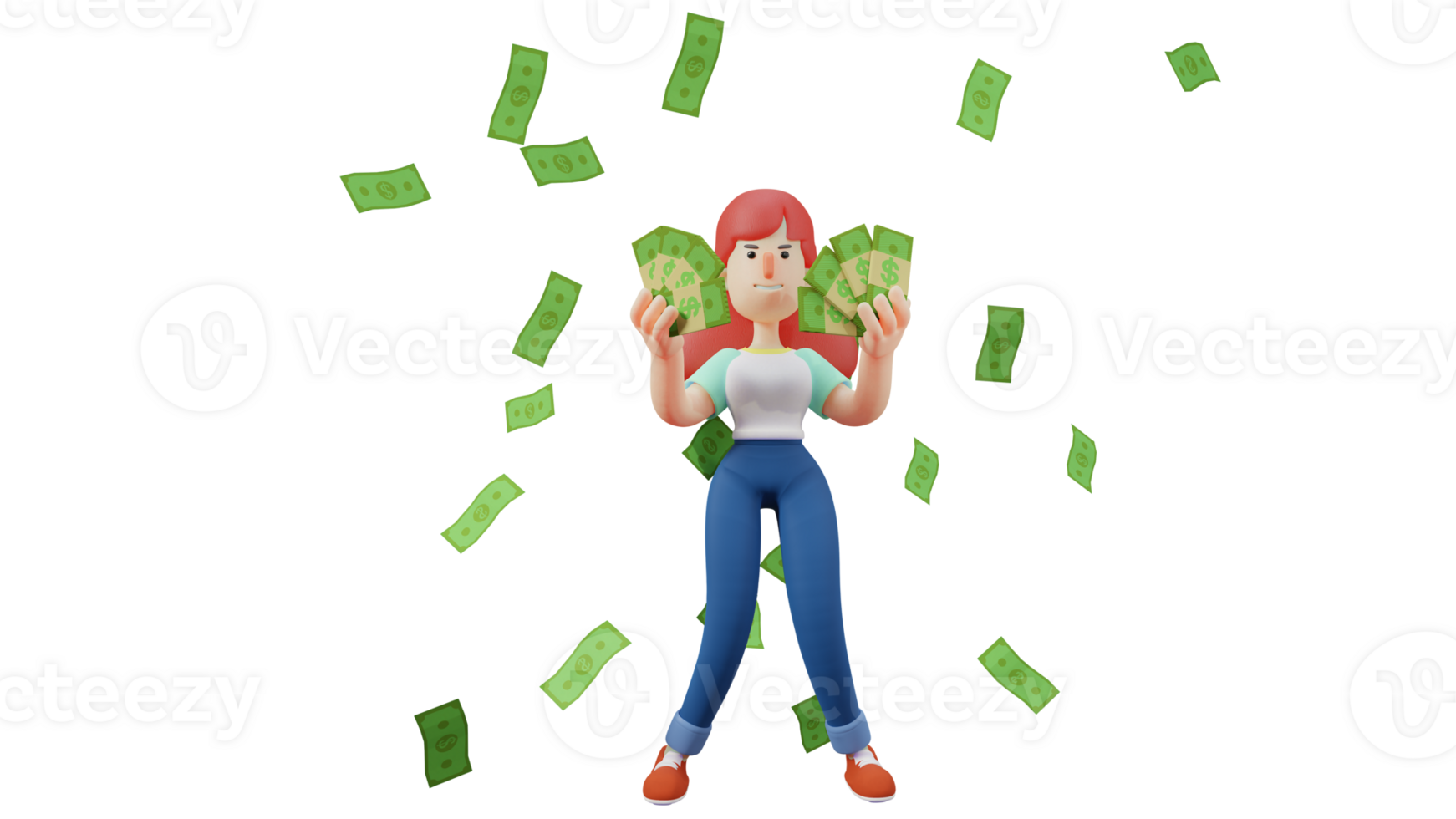 3D illustration. Successful Woman 3D Cartoon Character. Rich Woman standing under a lot of money scattering. Beautiful woman holding a lot of money in both hands. 3D Cartoon Character png