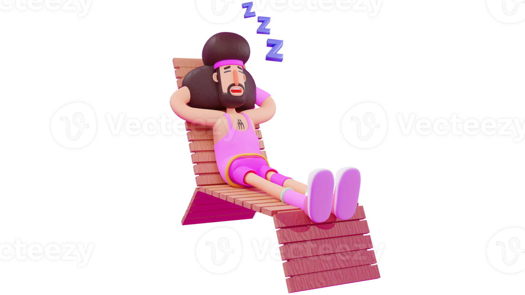 3D illustration. Tired Athlete 3D cartoon character. Athlete fall asleep on long wooden chair. Athlete feel tired with his busy activities. Athletes still wear pink costumes. 3D cartoon character png
