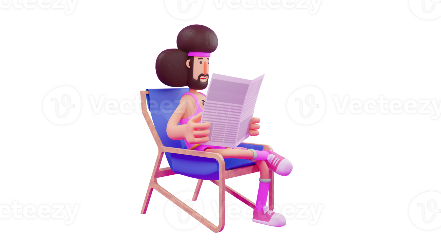 3D illustration. Dazzling Athlete 3D cartoon character. Athlete is sitting reading newspaper. The athlete wears a pink costume and looks seriously reading the latest news. 3D cartoon character png