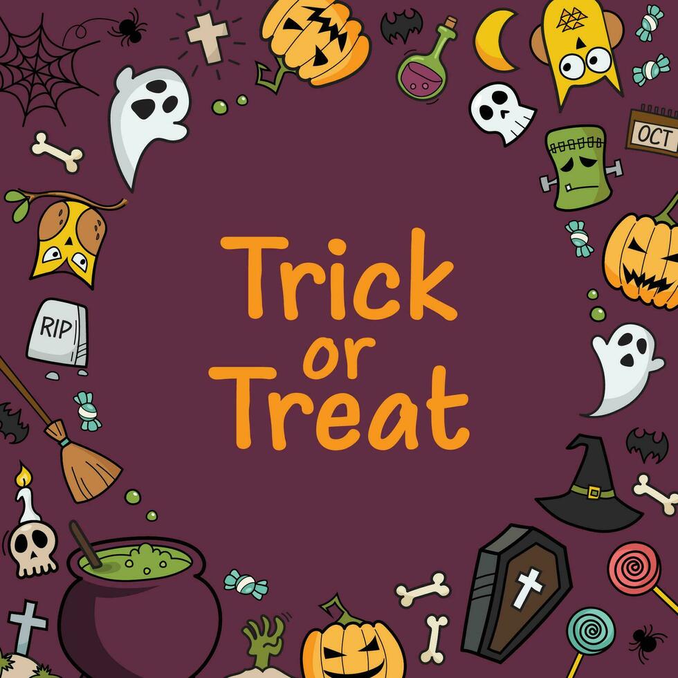 Trick or Treat Halloween doodles hand drawn color icons vector