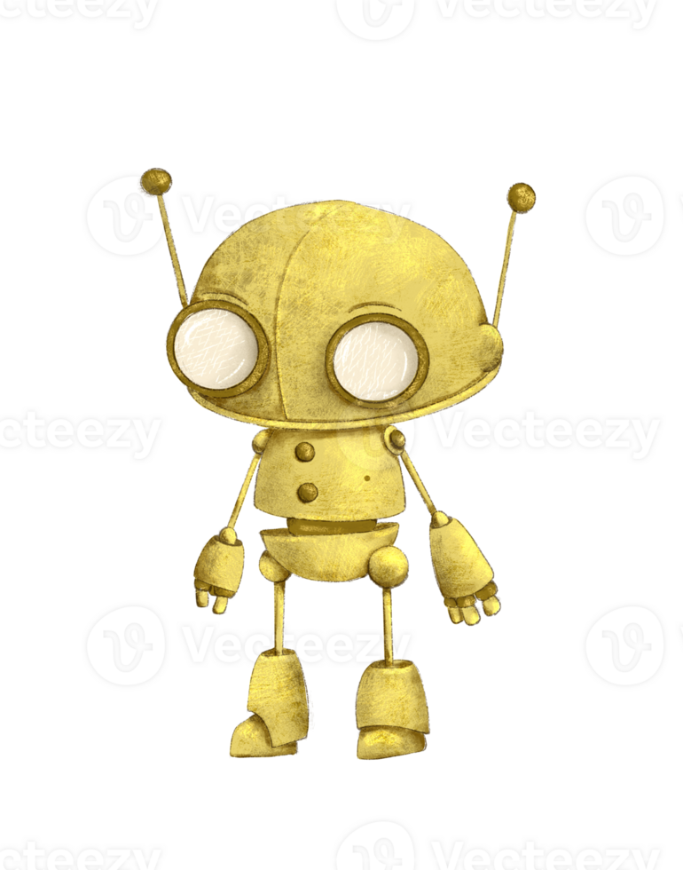 Drawing of a cute vintage rusty scuffed robot on textured paper on a beige background, robot toy png