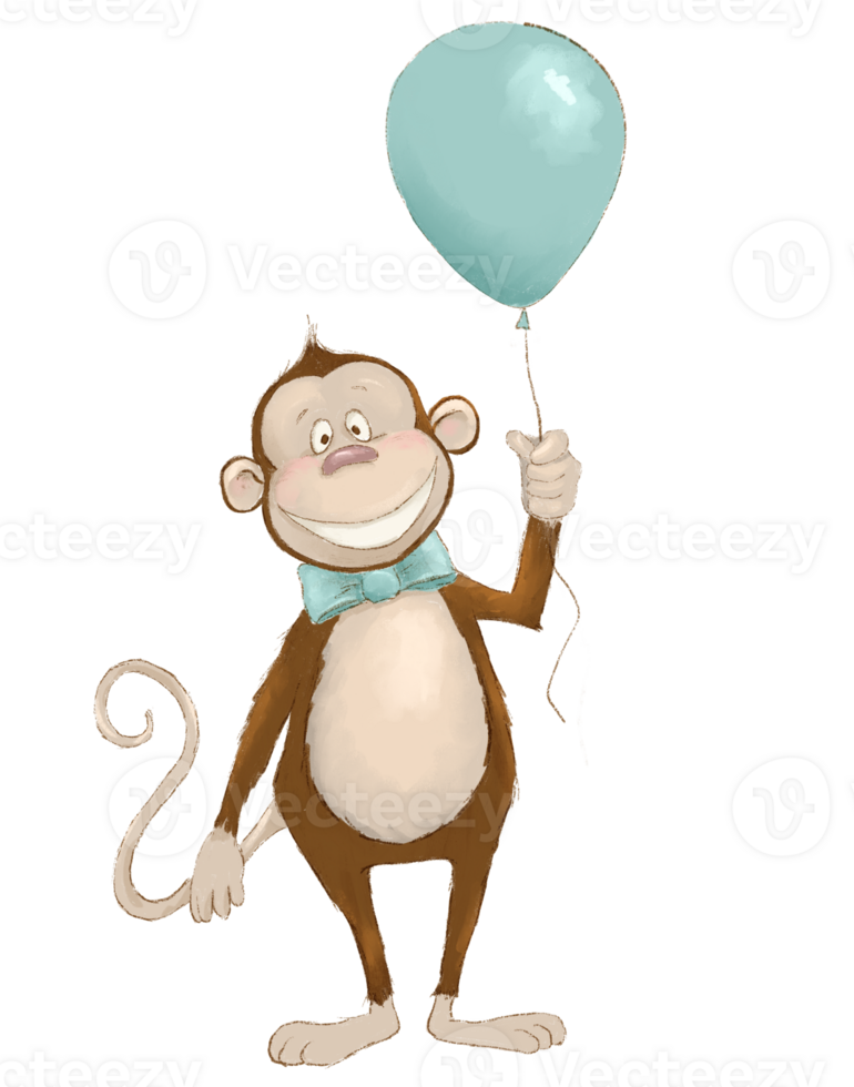 watercolor drawing of a cheerful monkey with a blue balloon and a bow png