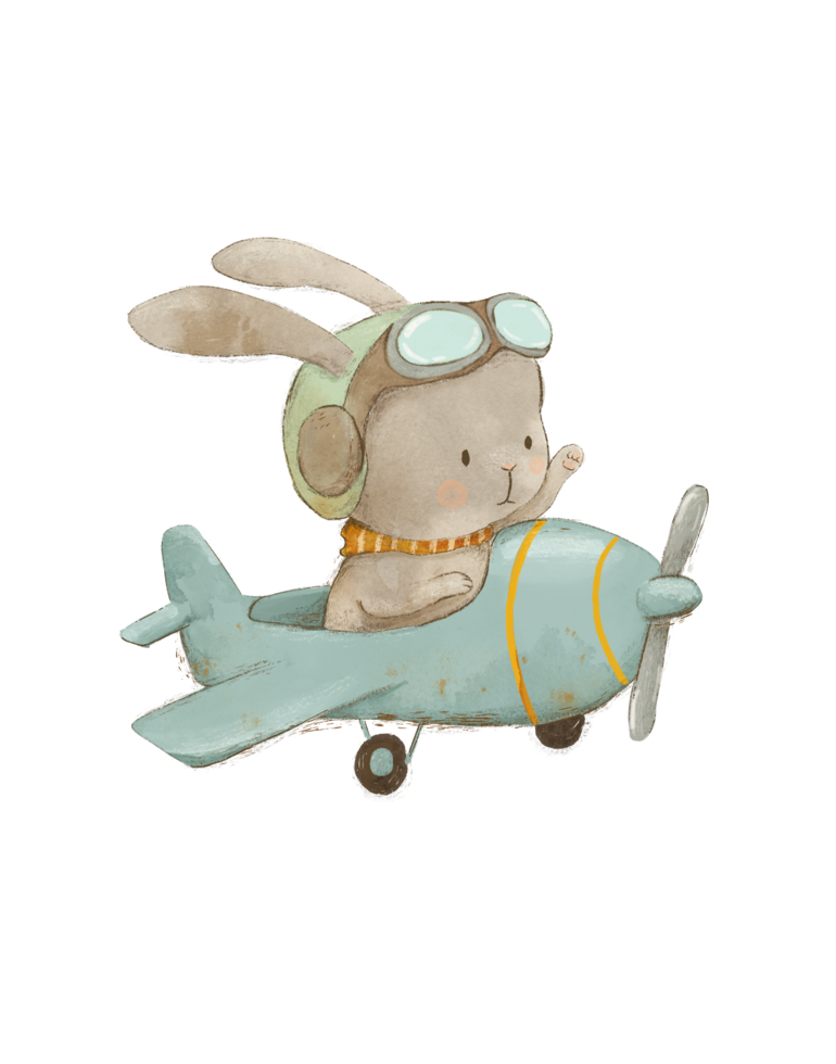 Watercolor vintage illustration of a rabbit pilot on a plane, drawing for a children's room, vintage card for children png