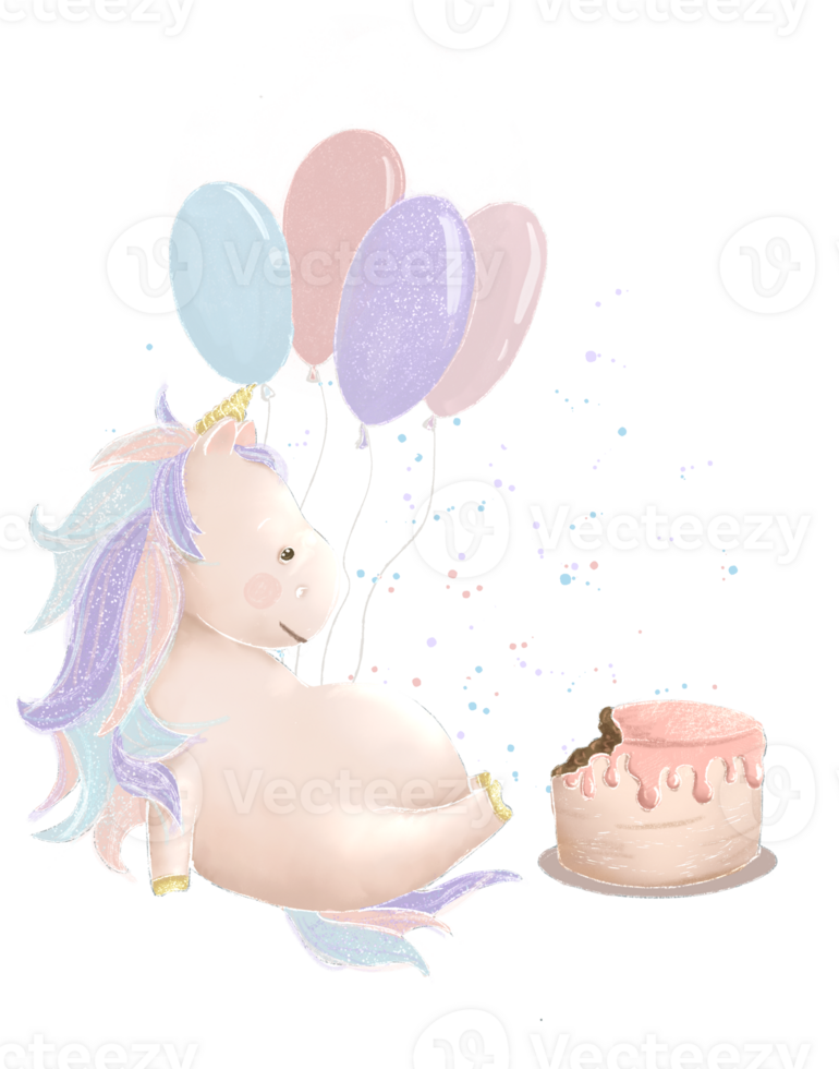 Fairytale magical unicorns birthday with cake, postcard with unicorn png