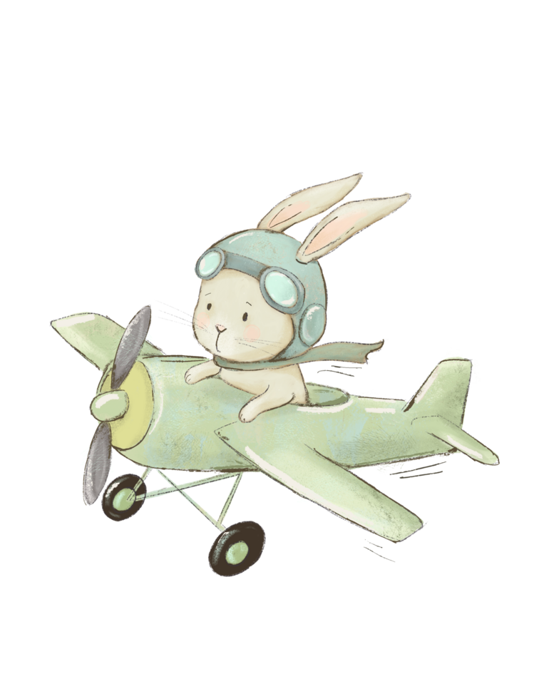 Watercolor vintage illustration of a rabbit pilot on a plane, drawing for a children's room, vintage card for children png