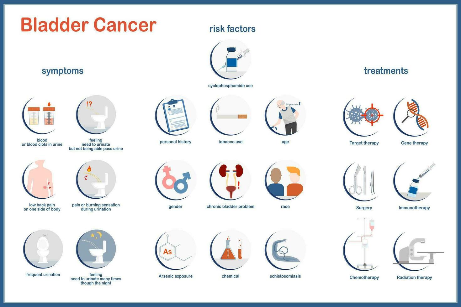 Vector illustration. Flat style. Bladder cancer, symptoms, risk factors and treatments. Medical illustration concept.