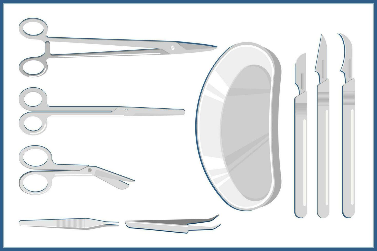 Flat vector illustration. Set of surgical equipment. Surgical scissors, forceps, kidney tray, scalpel.isolated on white background