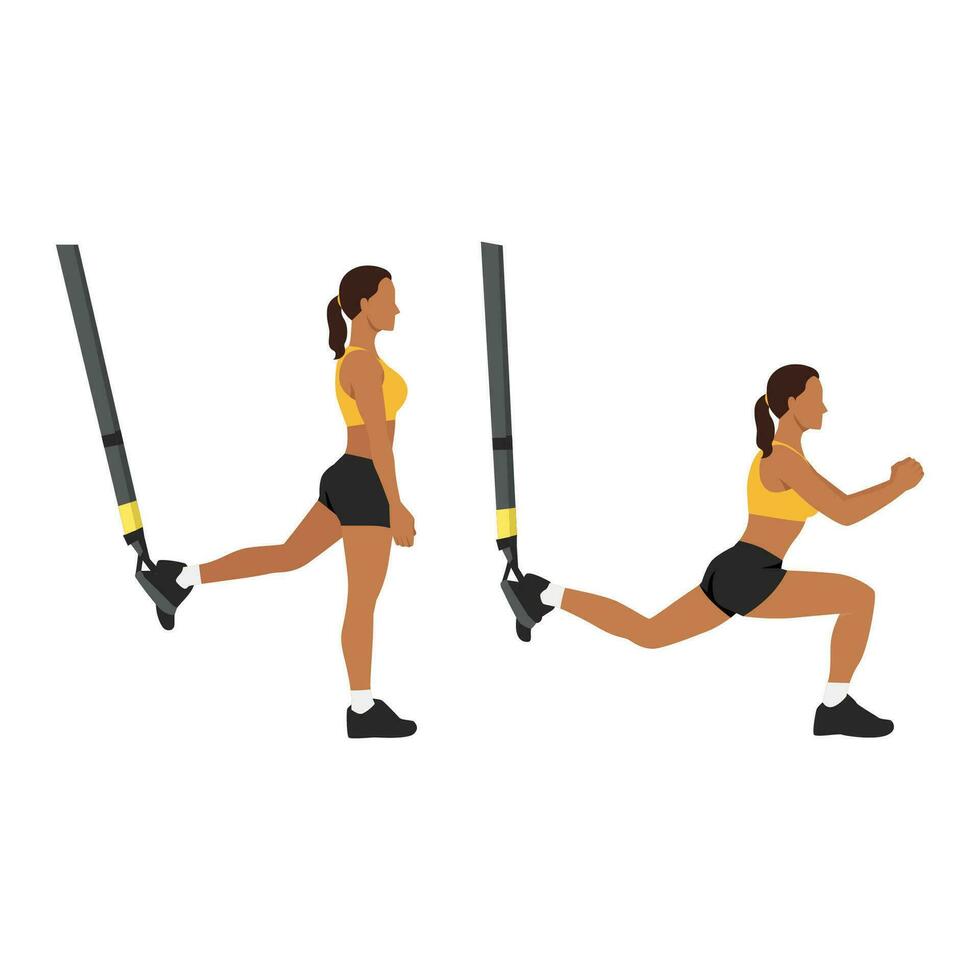 Woman doing TRX Suspension straps suspended lunges exercise. Flat vector illustration isolated on white background