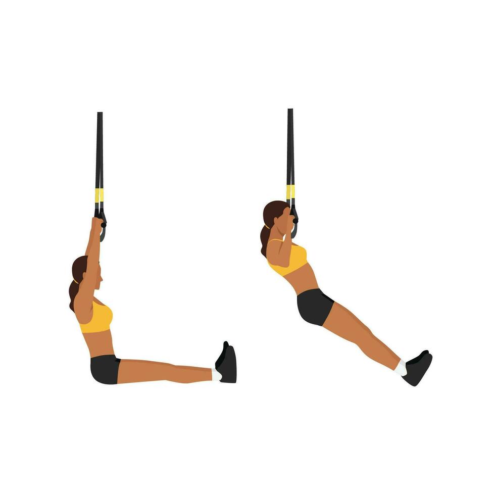 Woman doing TRX pull ups exercise. Flat vector illustration isolated on white background