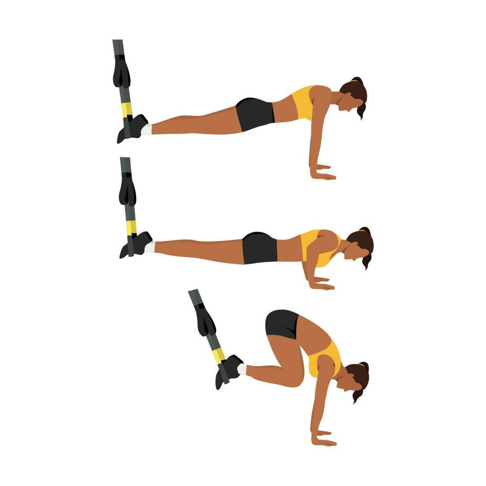 Woman character doing TRX Suspension straps atomic push ups flat vector illustration isolated on different layers