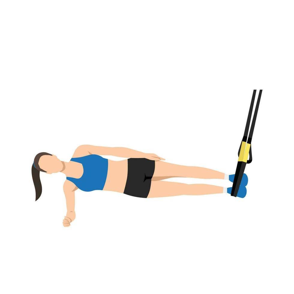 mujer haciendo trx. suspensión lado tablón. abdominales ejercicio. plano vector ilustración aislado en blanco fondo.editable archivo con capas