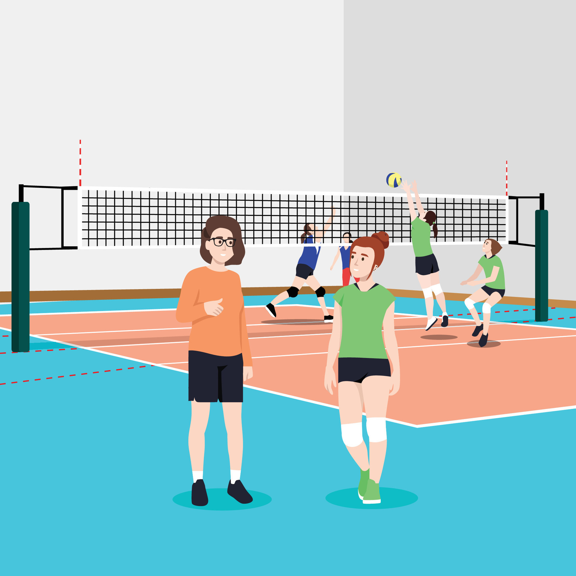 Woman coach talking to women's volleyball team character illustration