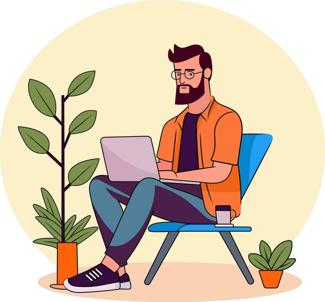 Young businessman working on laptop at home illustration vector