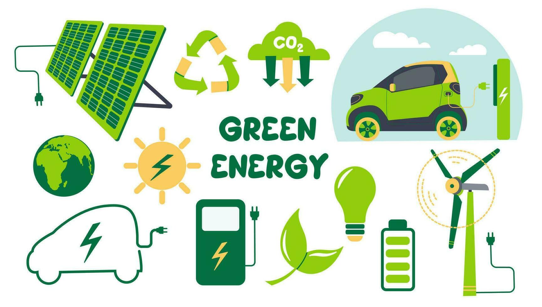 A collection of environmental elements.Green energy set isolated on white background, wind generator and solar battery, green energy, electric car, charging. vector