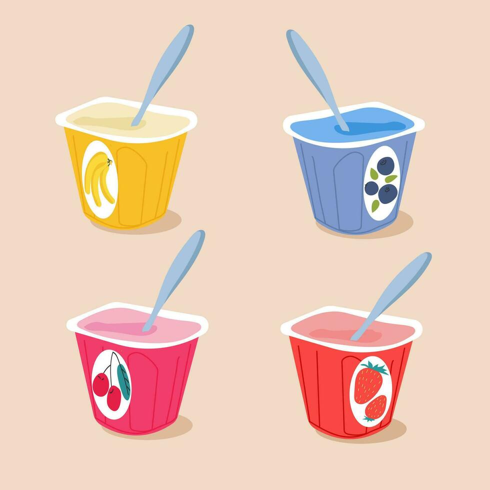 Sweet yogurt with blueberry, strawberry, banana, cherry flavor in plastic packaging.Yogurt food icon. Milk yoghurt.Vector illustration on a sandy background. vector