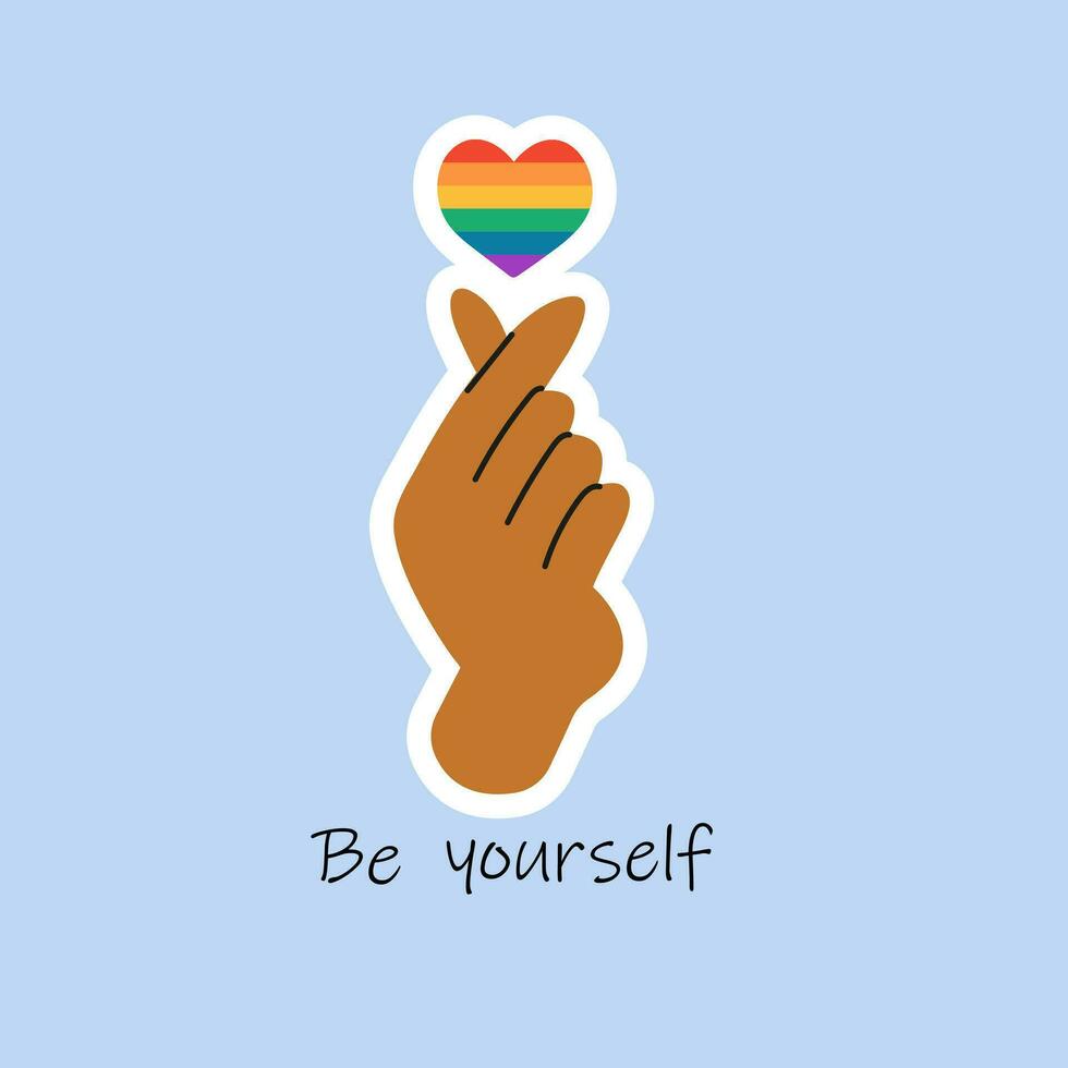 Be yourself. Hand holding heart in colors of LGBTQ community. Hands gesture. Pride month sticker. LGBT flat style icon.For design poster, postcard, banner and background. vector