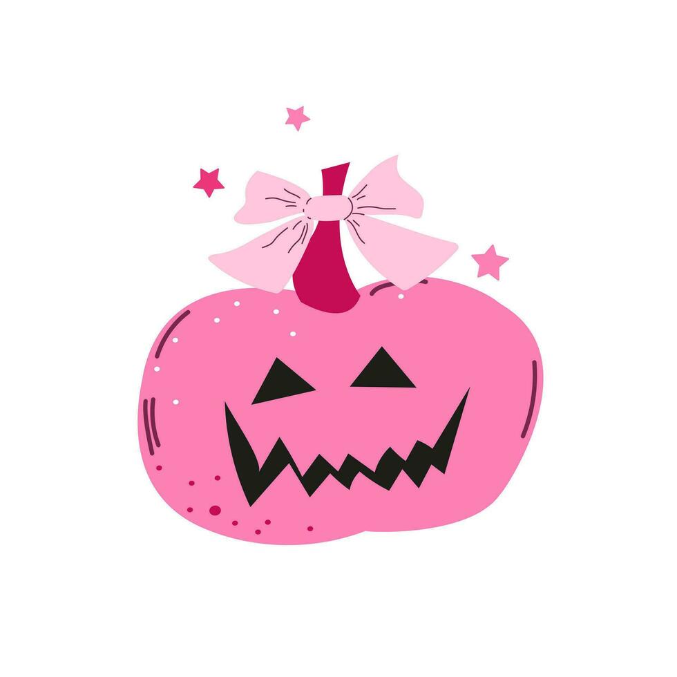 Halloween pumpkin. Cute pink pumpkin with a bow. Icon isolated on white background. Vector illustration.Happy Halloween. Fashion illustration for postcard, flyer, banner