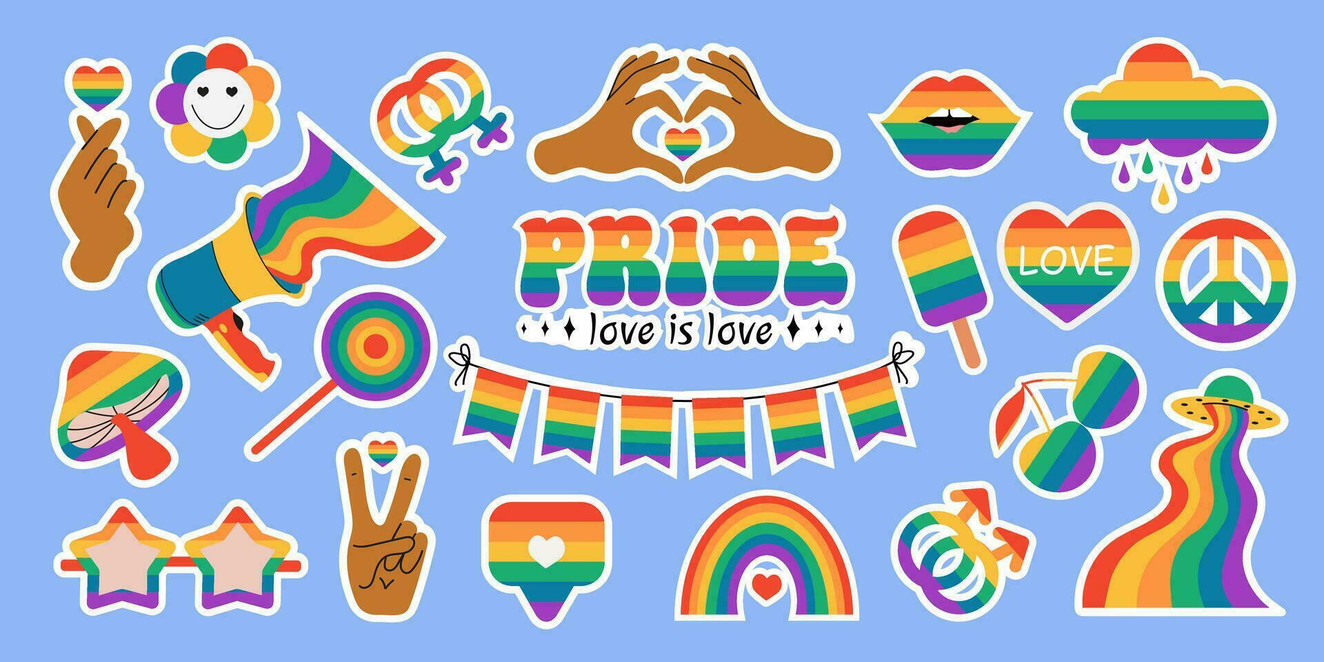 Large set of LGBT stickers on a blue background. Symbol of the LGBT pride community. LGBT flat style icons and slogan collection. Rainbow elements. vector