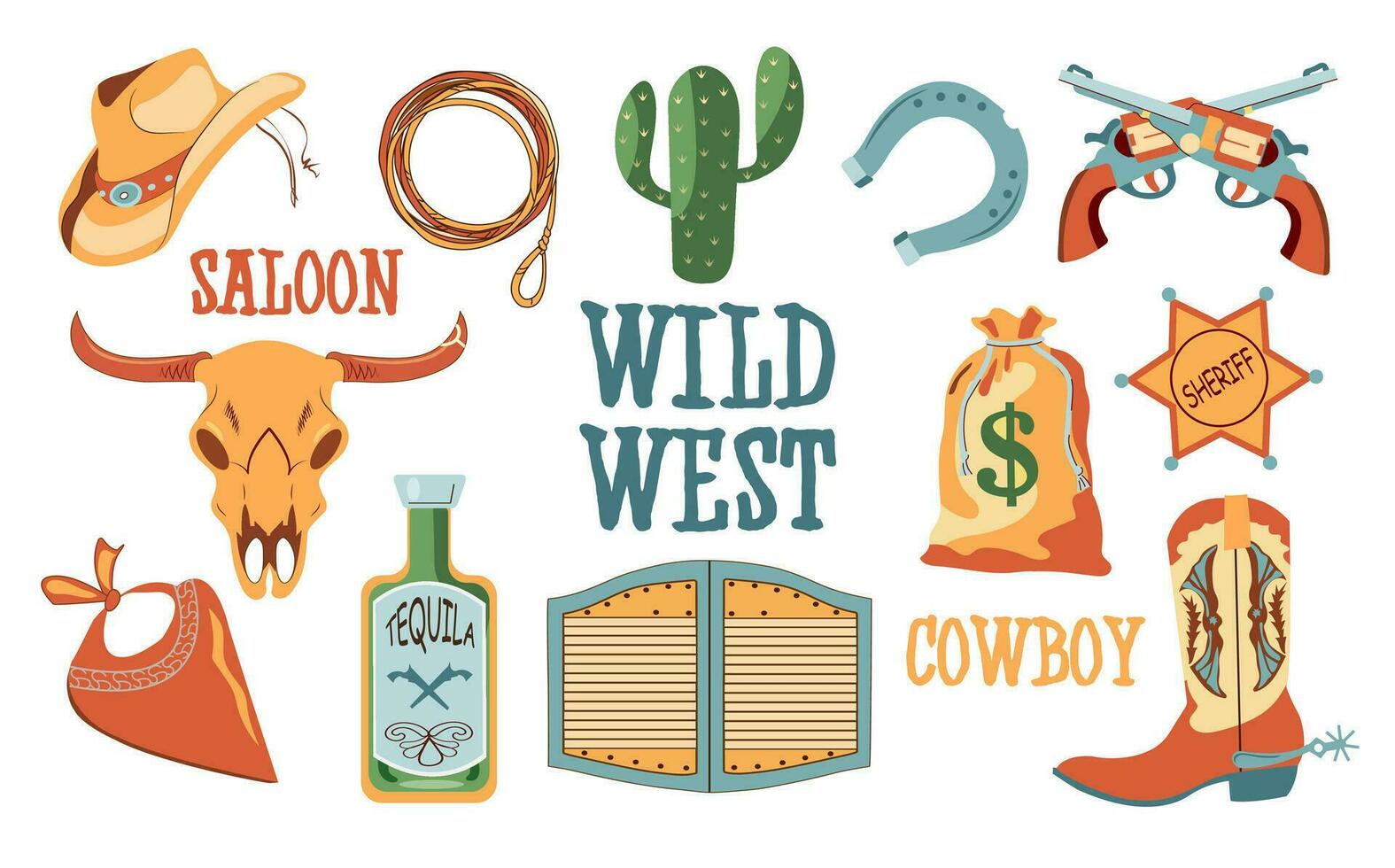 The set of vector illustrations of the wild West. Cartoon set with cowboy hat, tequila, gun, cactus, lasso, skull, horseshoe. Vector illustration isolated on white background.