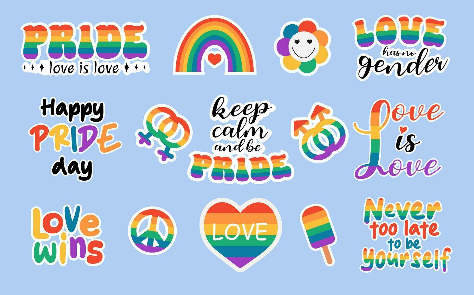 LGBT stickers vector illustration set. Festival slogan. Happy Pride day, Love wins, Love is Love hand drawn modern lettering saying with rainbow. Design for flyer, card, banner.