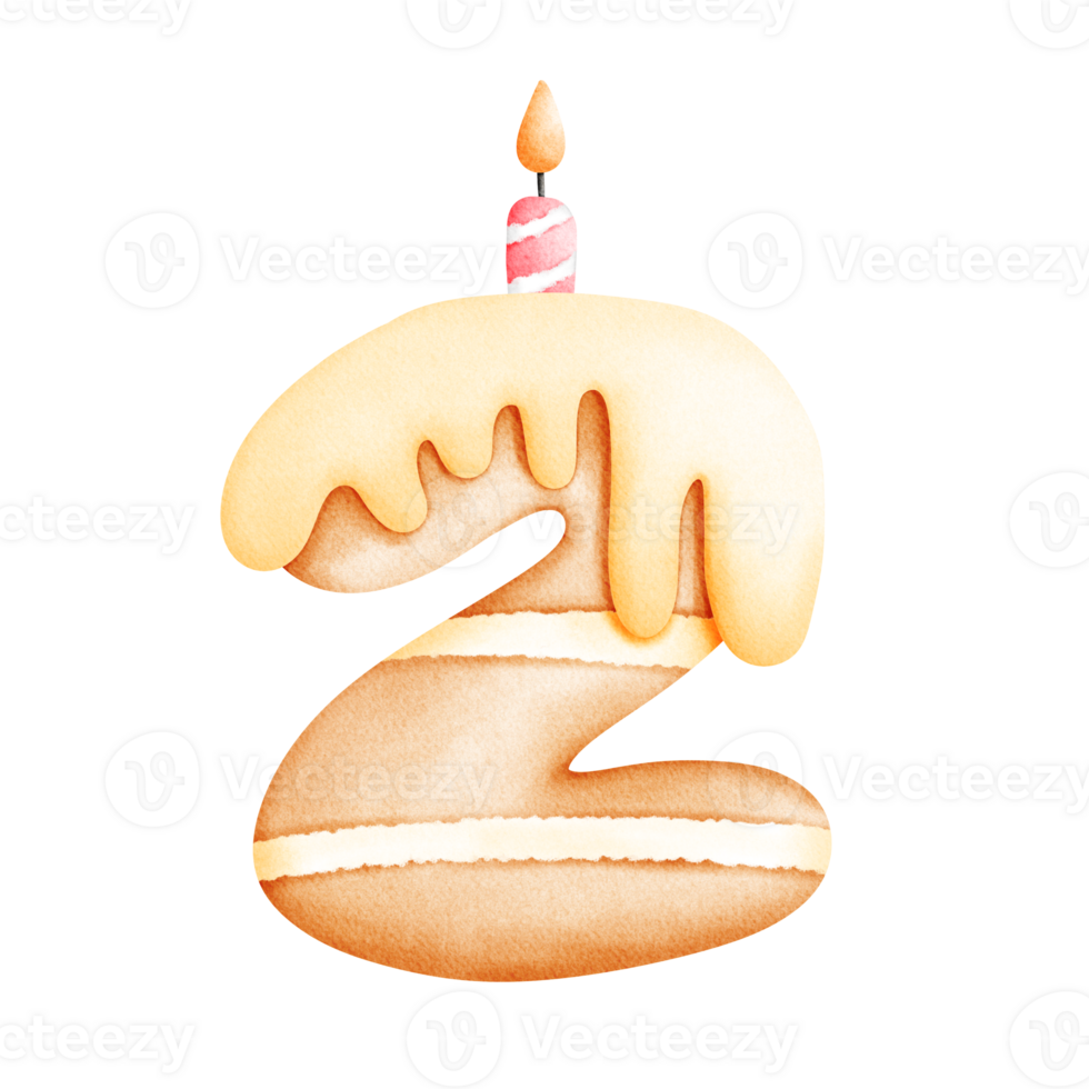 watercolor birthday cake number two with candle on top png