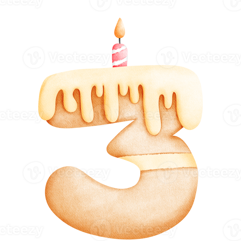 birthday cake number 3 watercolor illustration png