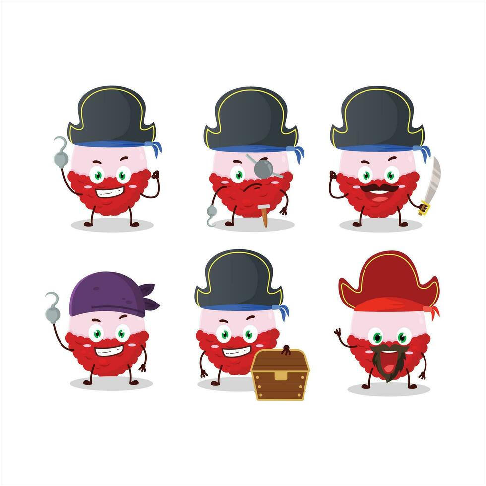 Cartoon character of slice of lychee with various pirates emoticons vector