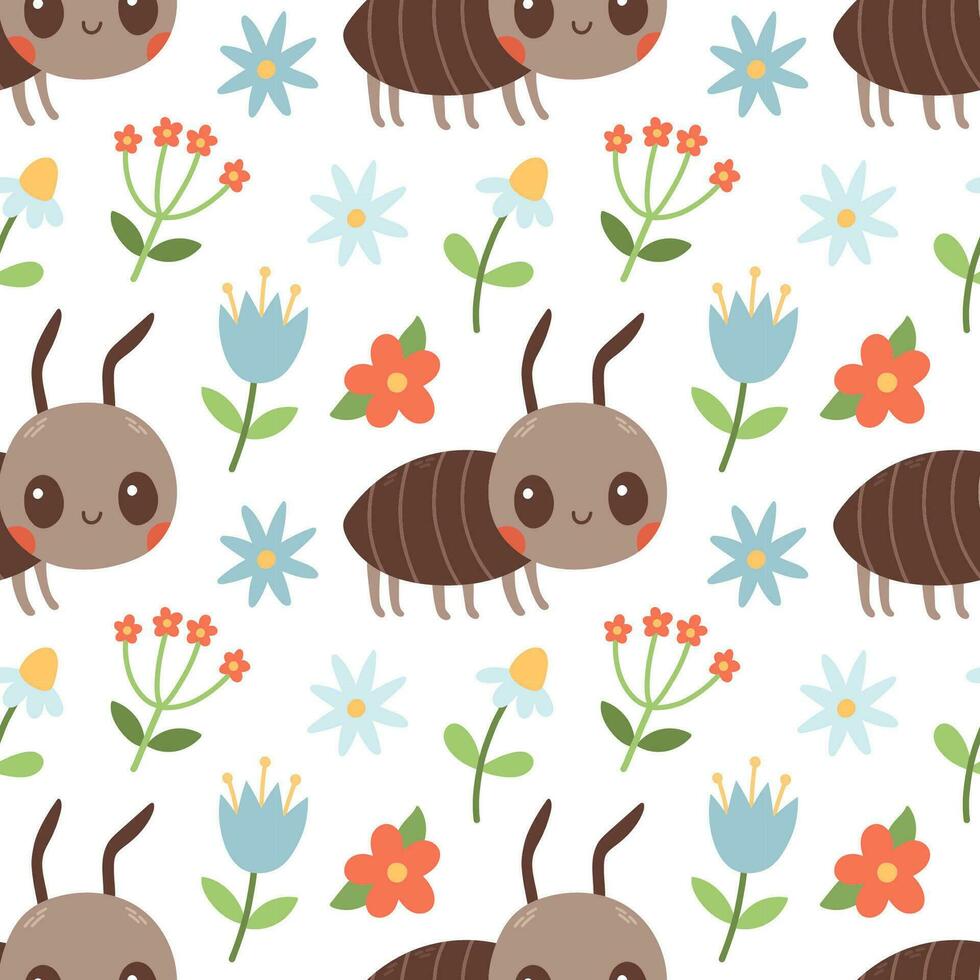 Seamless pattern of ant, red blue flowers and green leaf on white background vector illustration. Cute hand drawn floral pattern. Vector illustration