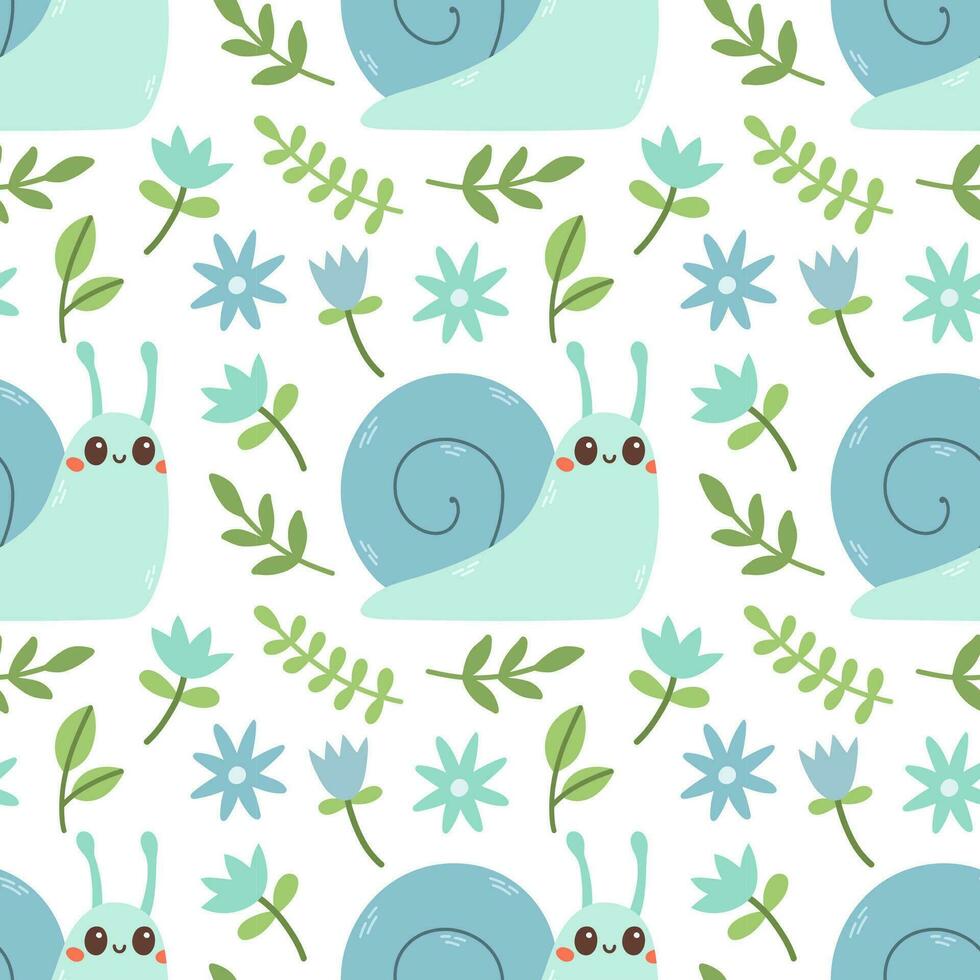Seamless pattern of blue snail, flowers and green leaf on white background vector illustration. Cute hand drawn floral pattern. Vector illustration