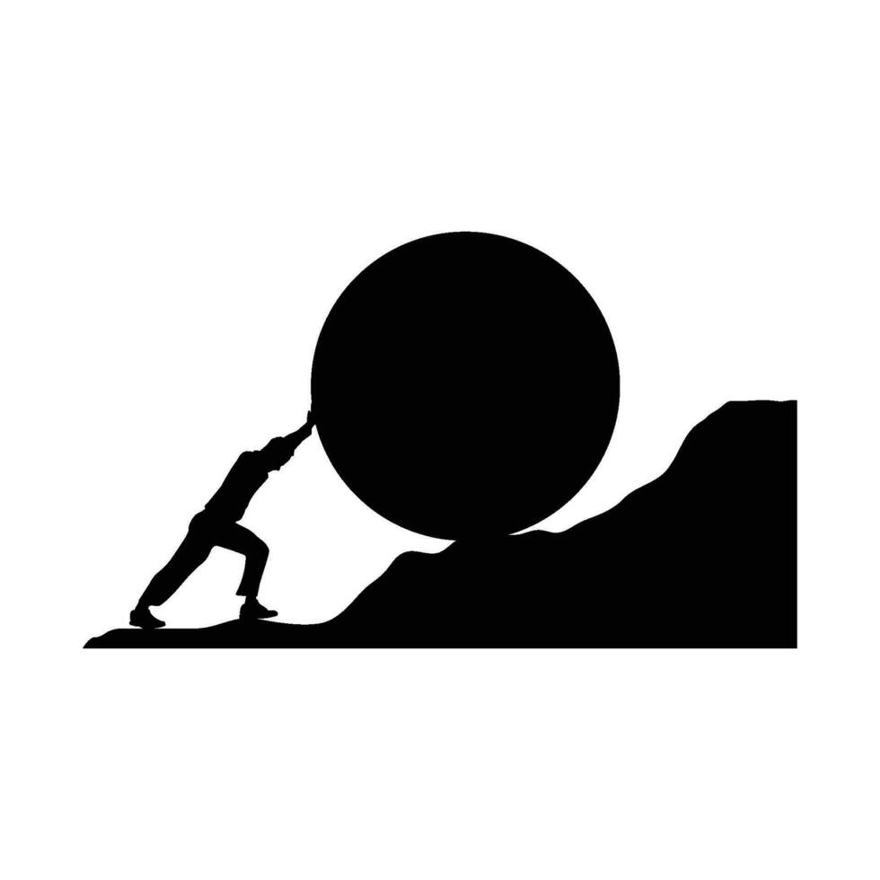 man pushing big boulder uphill. Concept of fatigue, effort, courage, power, force Vector cartoon black silhouette in flat design isolated