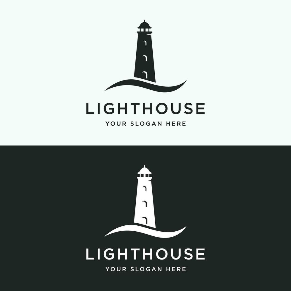 Sea harbor lighthouse tower logo design creative building with spotlights vintage vector template.