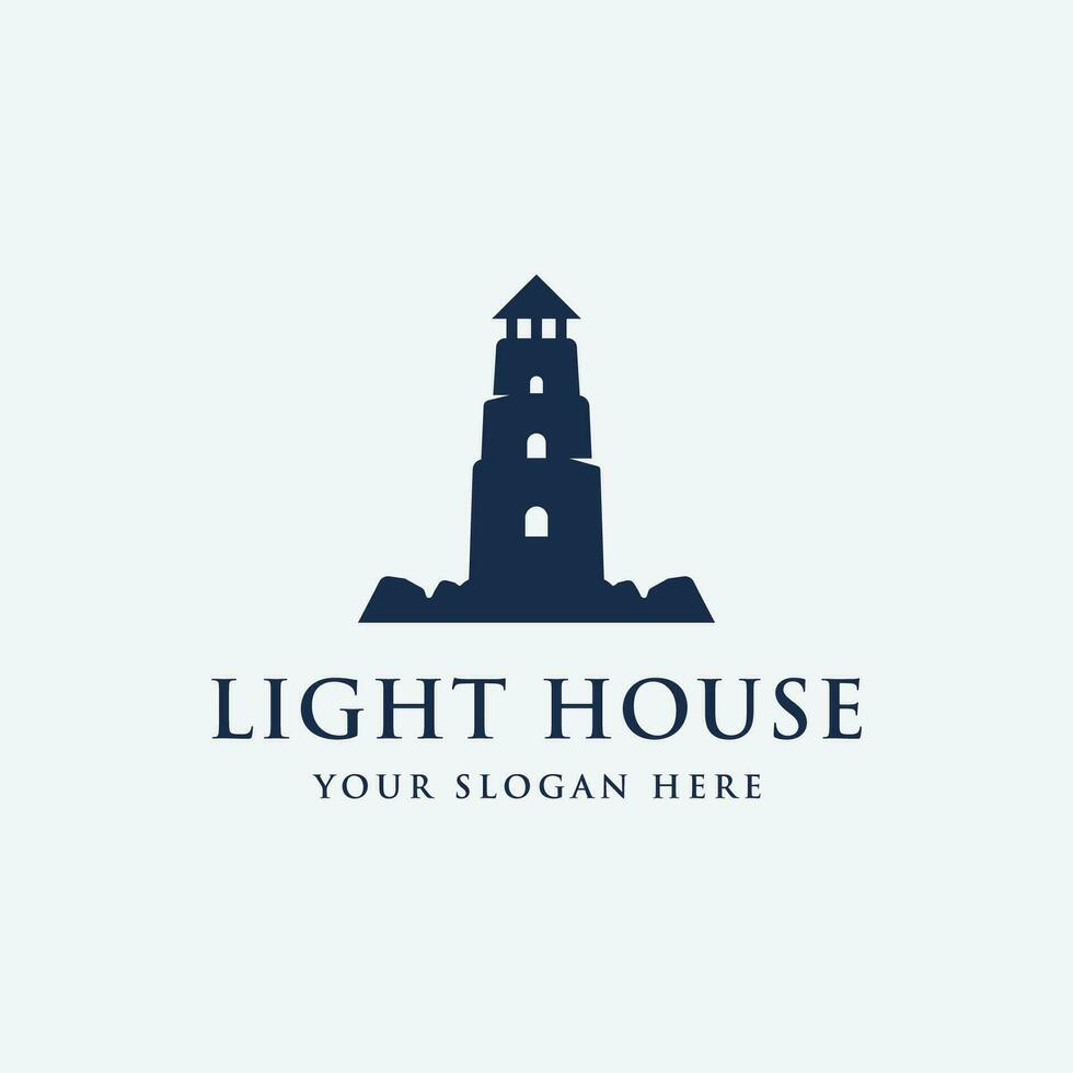 Sea harbor lighthouse tower logo design creative building with spotlights vintage vector template.