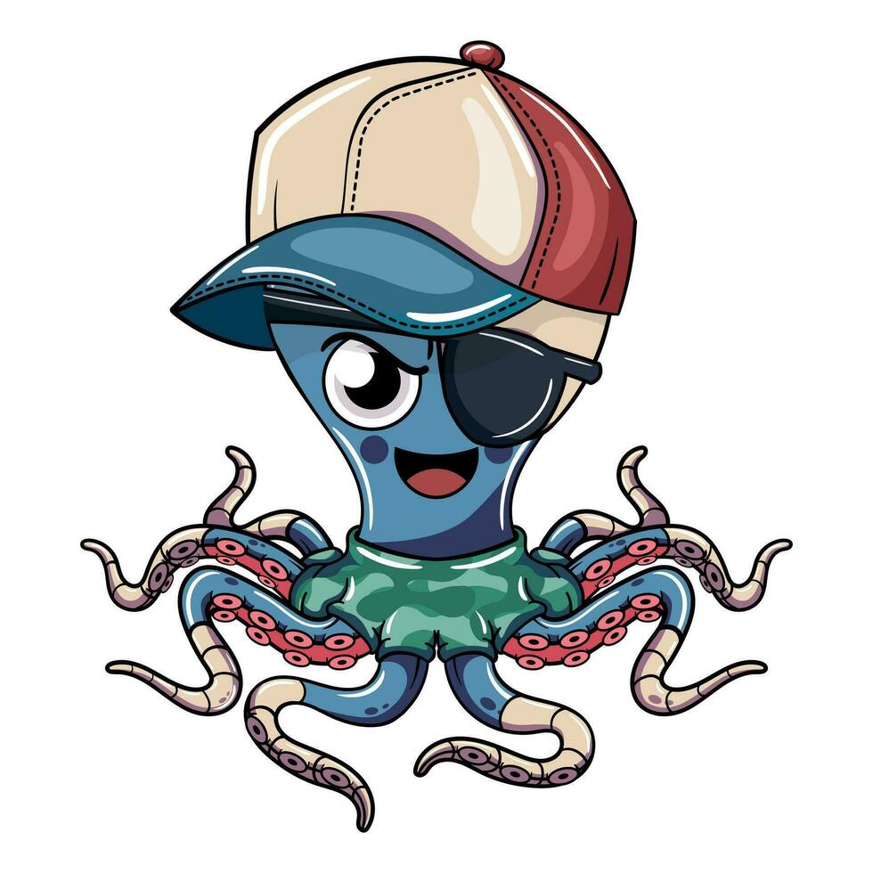 Cartoon evil cyborg octopus character wearing his cap, pirate patch and military uniform. Illustration for fantasy, science fiction and adventure comics vector