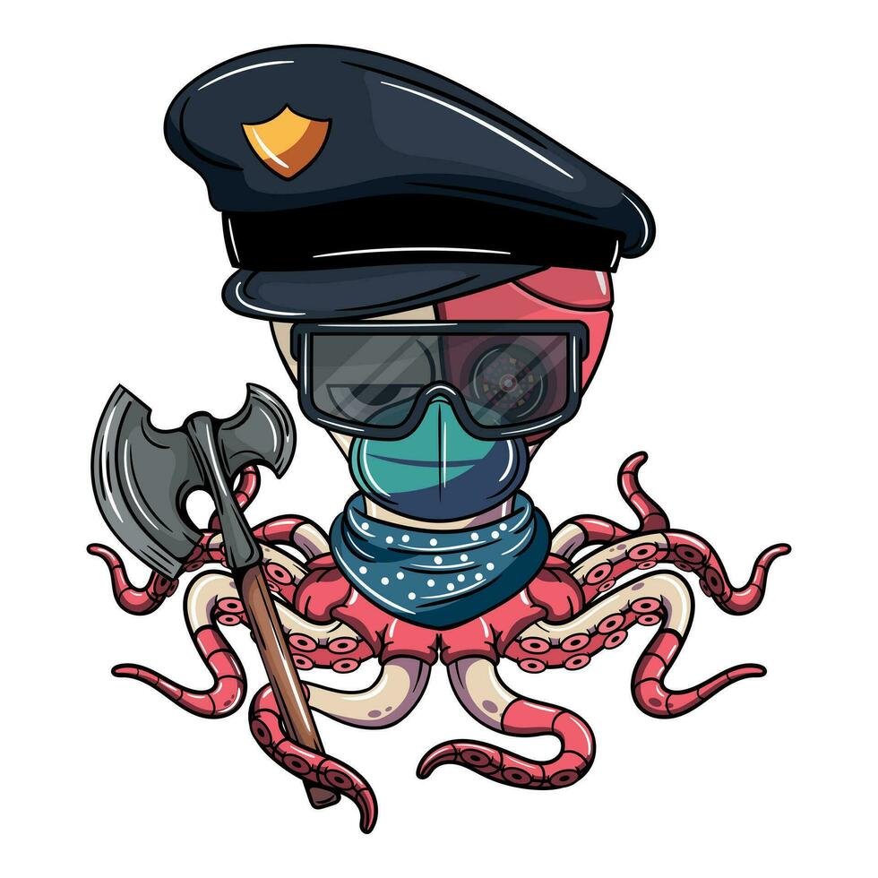 Cartoon police cyborg octopus character with safety glasses, protection mask and a war axe. Illustration for fantasy, science fiction and adventure comics vector