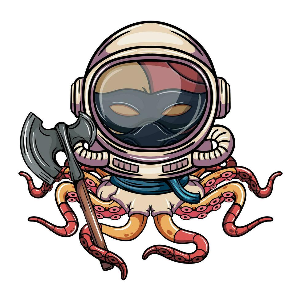 Cartoon character of octopus cyborg astronaut with cosmonaut helmet with war axe in his tentacle. Illustration for fantasy, science fiction and adventure comics vector