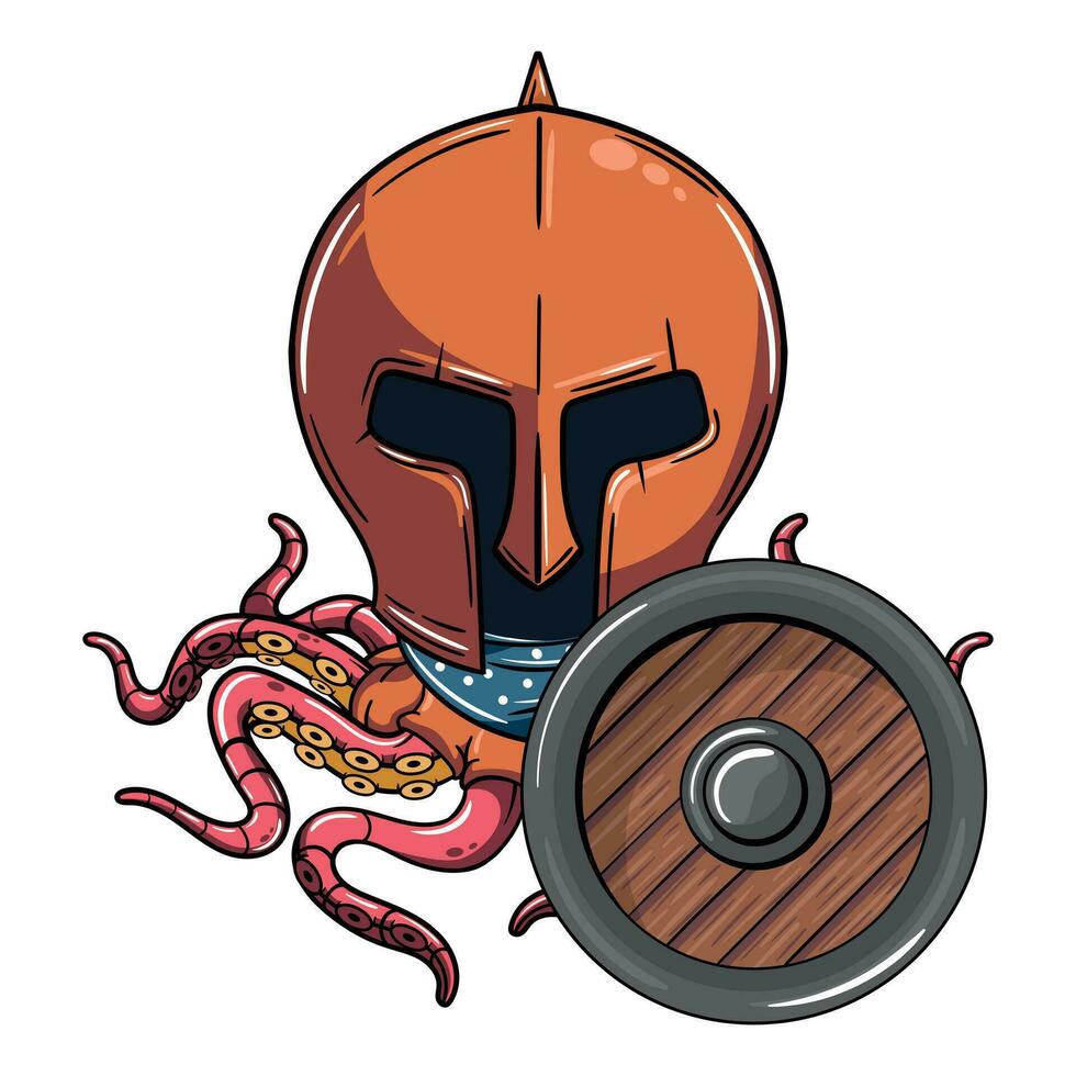 Cartoon character gladiator fighter octopus with protection shield. Illustration for fantasy, science fiction and adventure comics vector