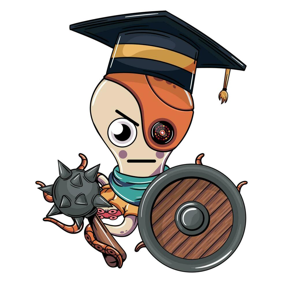 Cartoon cyborg octopus character wearing graduation cap upset with a shield and a war axe. Illustration for fantasy, science fiction and adventure comics vector