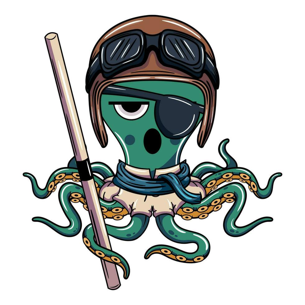 Cartoon character of aviation pilot cyborg octopus with aviator helmet with kung fu stick. Illustration for fantasy, science fiction and adventure comics vector