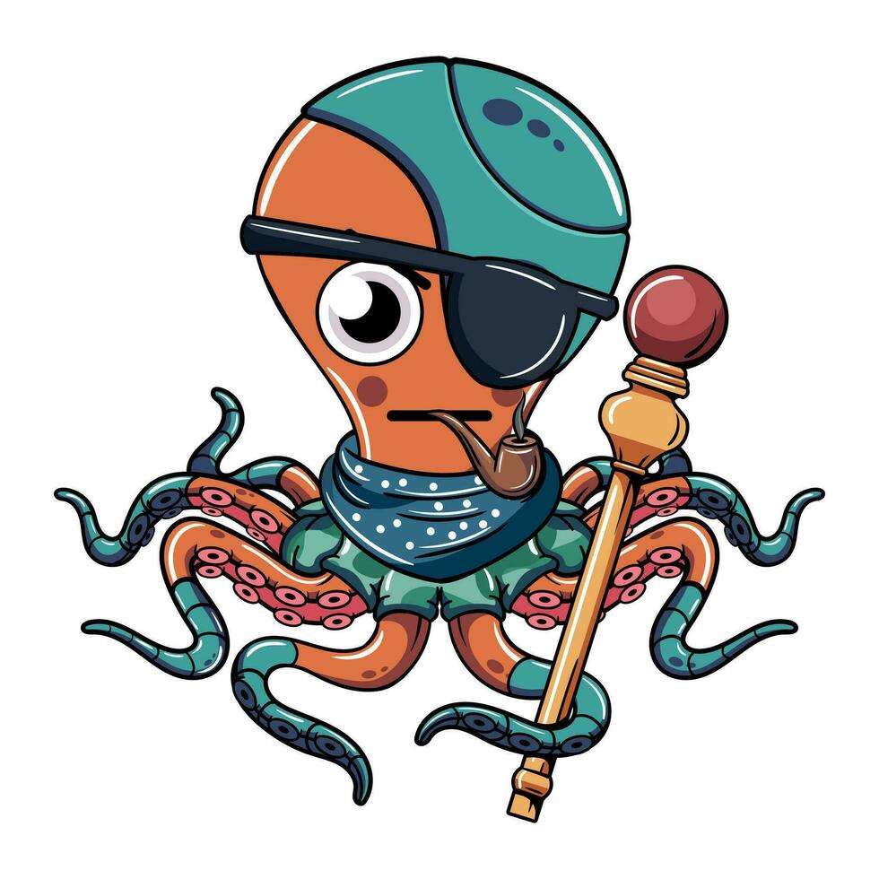 Cartoon comic character cyborg octopus with pirate patch smoking a pipe with a scepter. Illustration for fantasy, science fiction and adventure comics vector