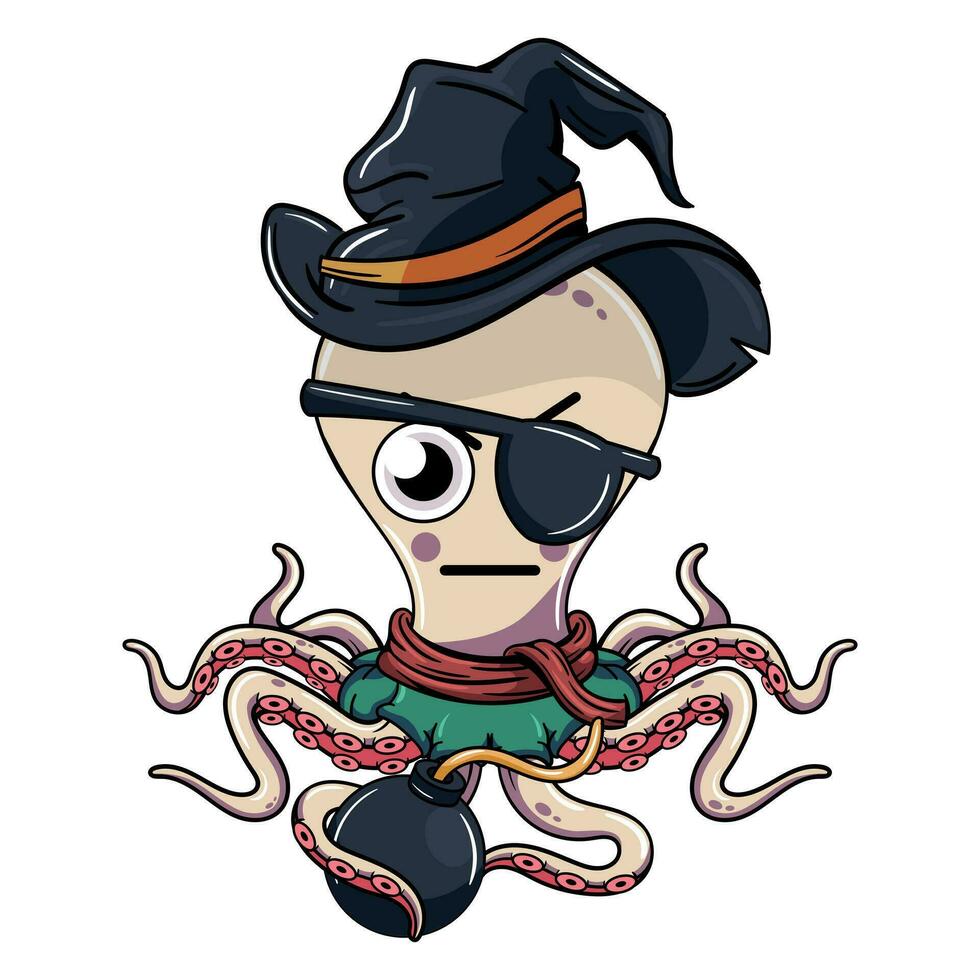 Cartoon witch octopus character with an annoying pirate patch with a bomb in its tentacle. Illustration for fantasy, science fiction and adventure comics vector