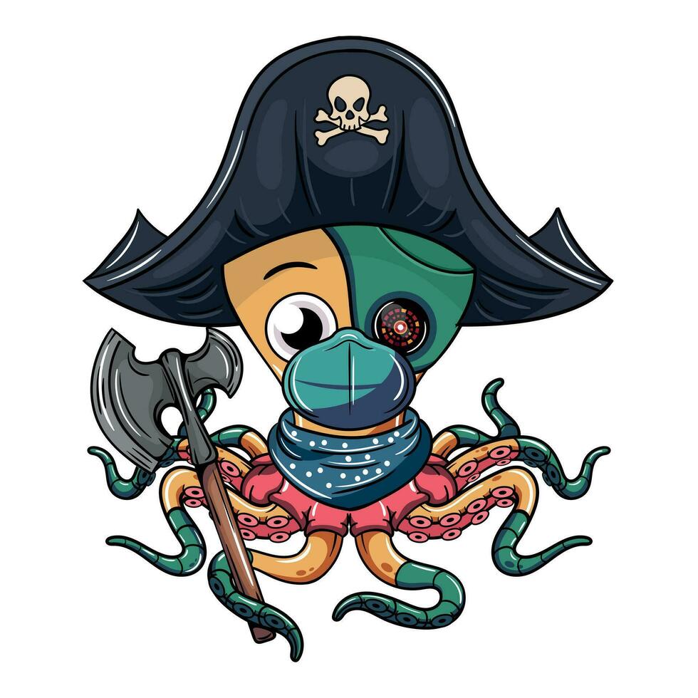 Cartoon cyborg octopus character with pirate hat, face mask and an axe in his tentacle. Illustration for fantasy, science fiction and adventure comics vector