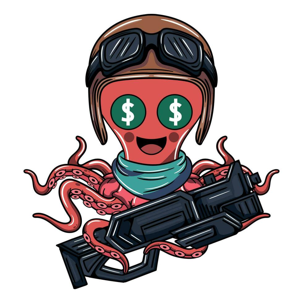 Cartoon mercenary pilot octopus character with aviator helmet. Illustration for fantasy, science fiction and adventure comics vector