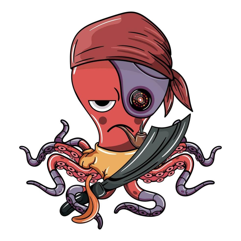 Cartoon character impatient pirate captain cyborg octopus with his sword smoking a pipe. Illustration for fantasy, science fiction and adventure comics vector