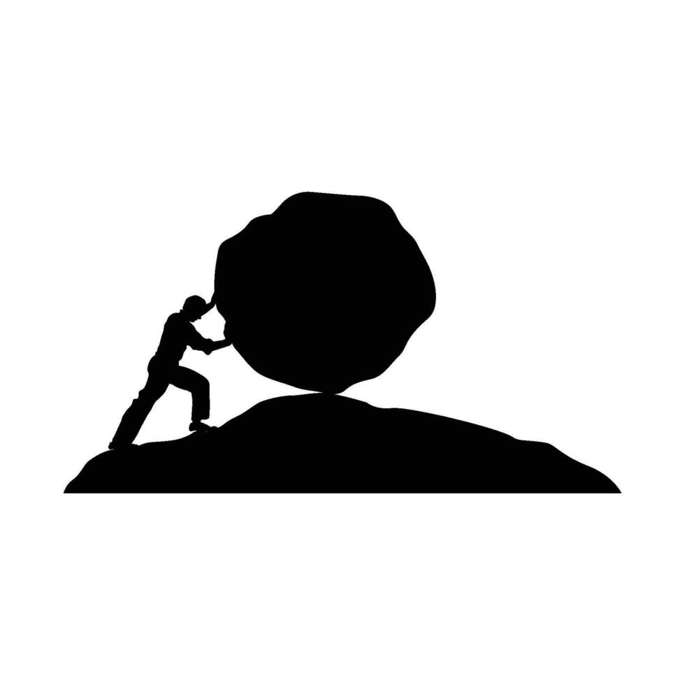 man pushing big boulder uphill. Concept of fatigue, effort, courage, power, force Vector cartoon black silhouette in flat design isolated