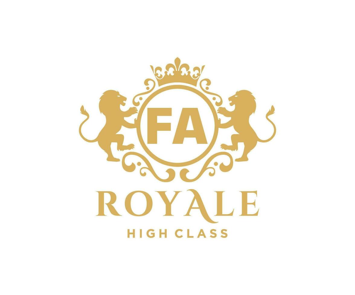 Golden Letter FA template logo Luxury gold letter with crown. Monogram alphabet . Beautiful royal initials letter. vector