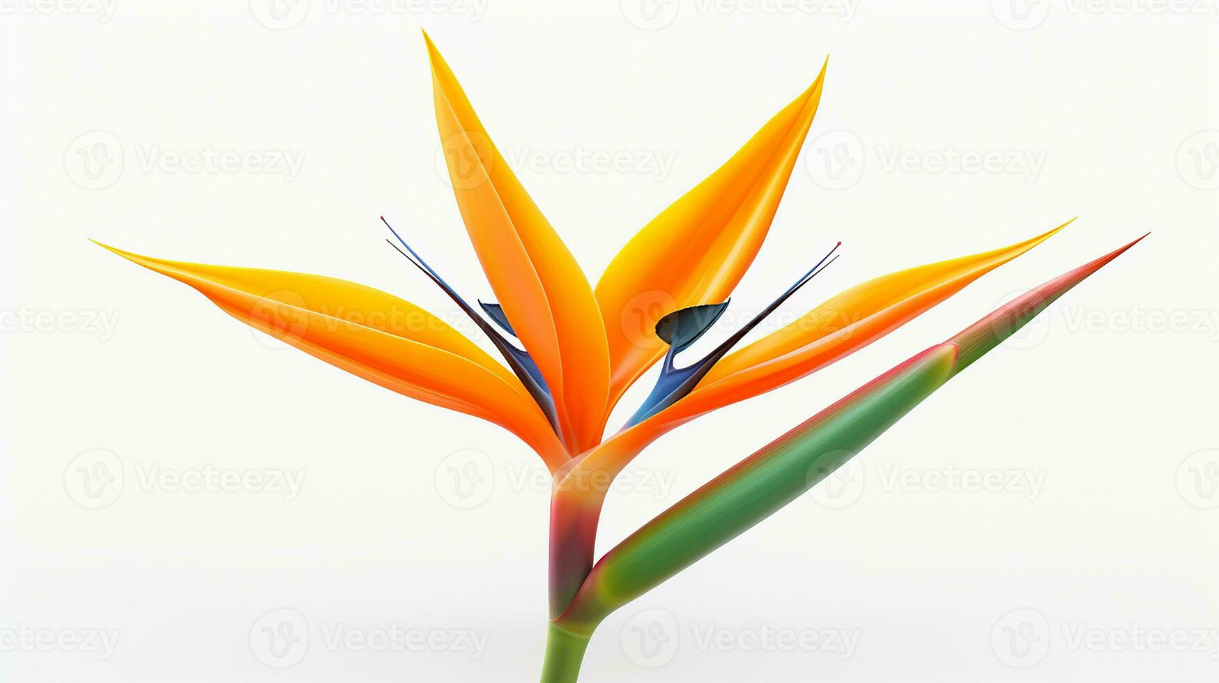 Photo of beautiful Bird of Paradise flower isolated on white background. Generative AI